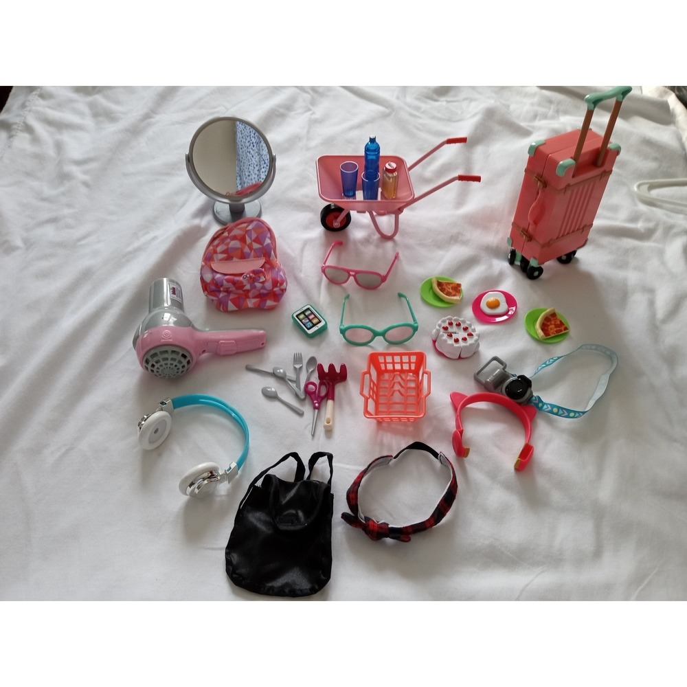 39 pc Our Generation Doll Accessories Travel Suitcase Backpack Hair Dryer Mirror